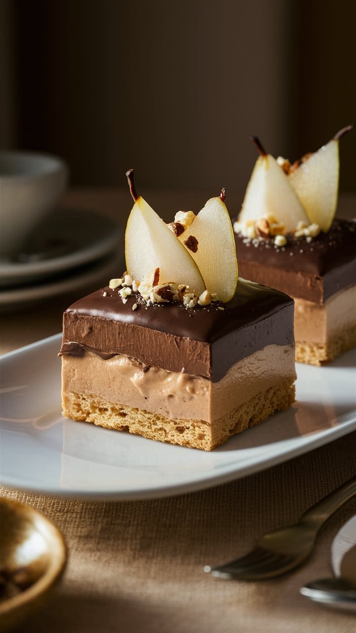 Gâteau chocolat-poire sur assiette blanche, élégant dessert.