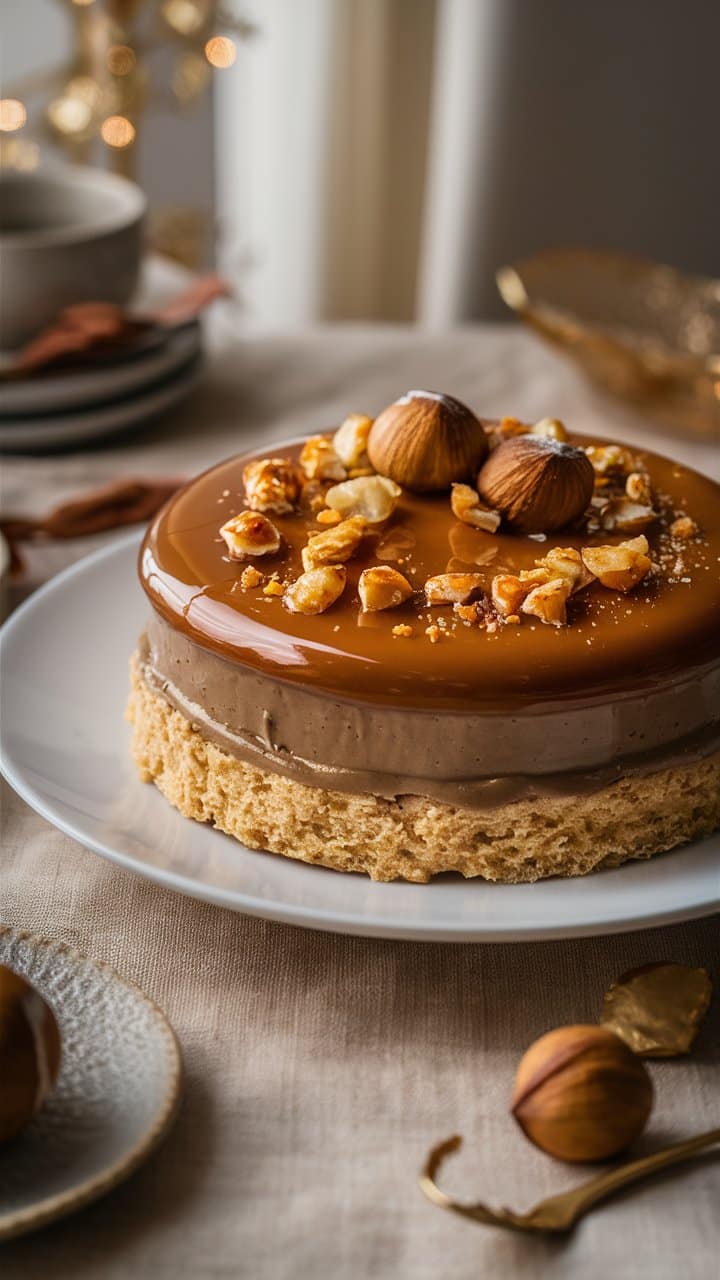Gâteau caramel aux noisettes sur assiette blanche.