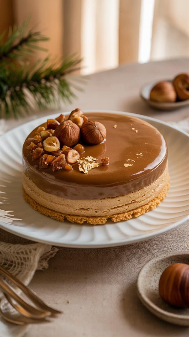 Gâteau marron et noisettes sur assiette blanche.
