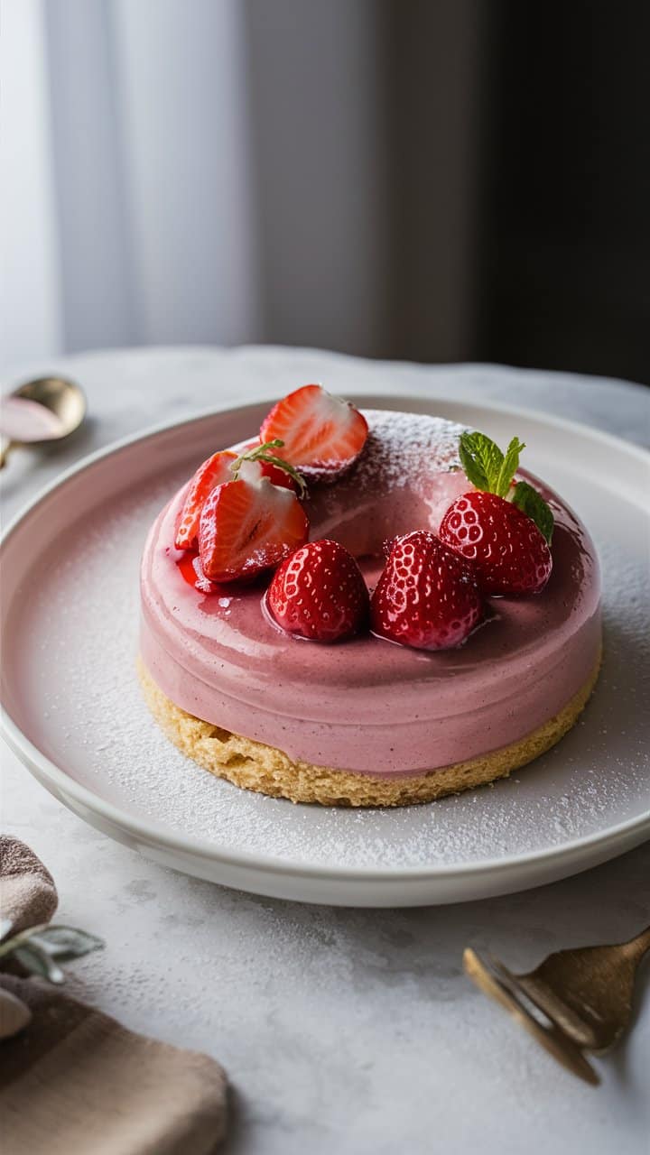 Gâteau mousse fraise avec décorations menthe.