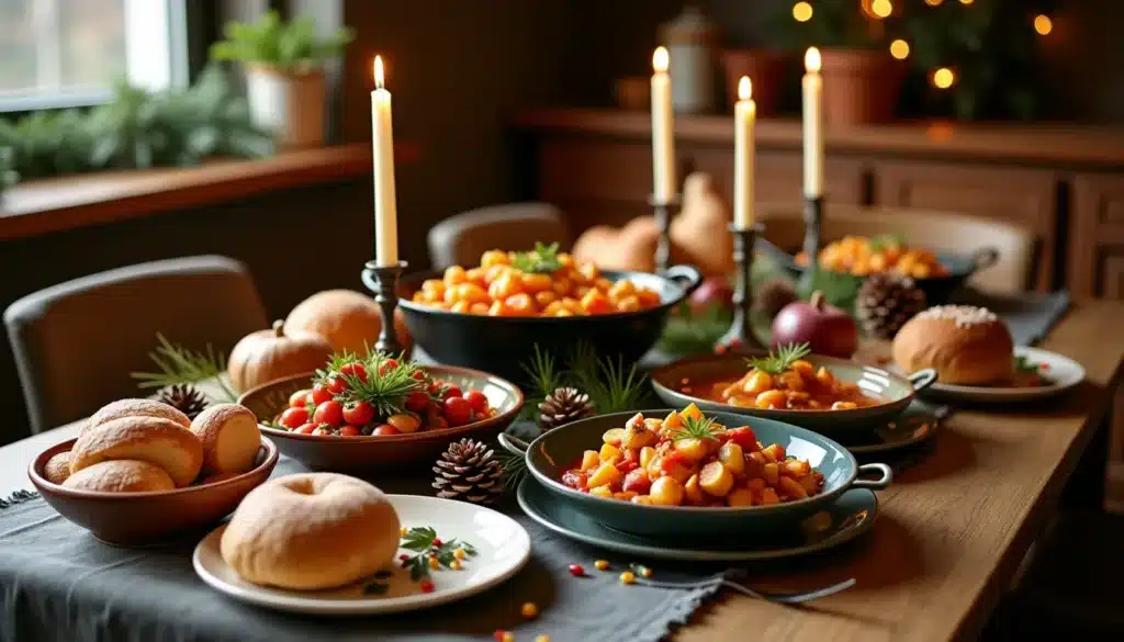 Table décorée avec plats et bougies allumées.
