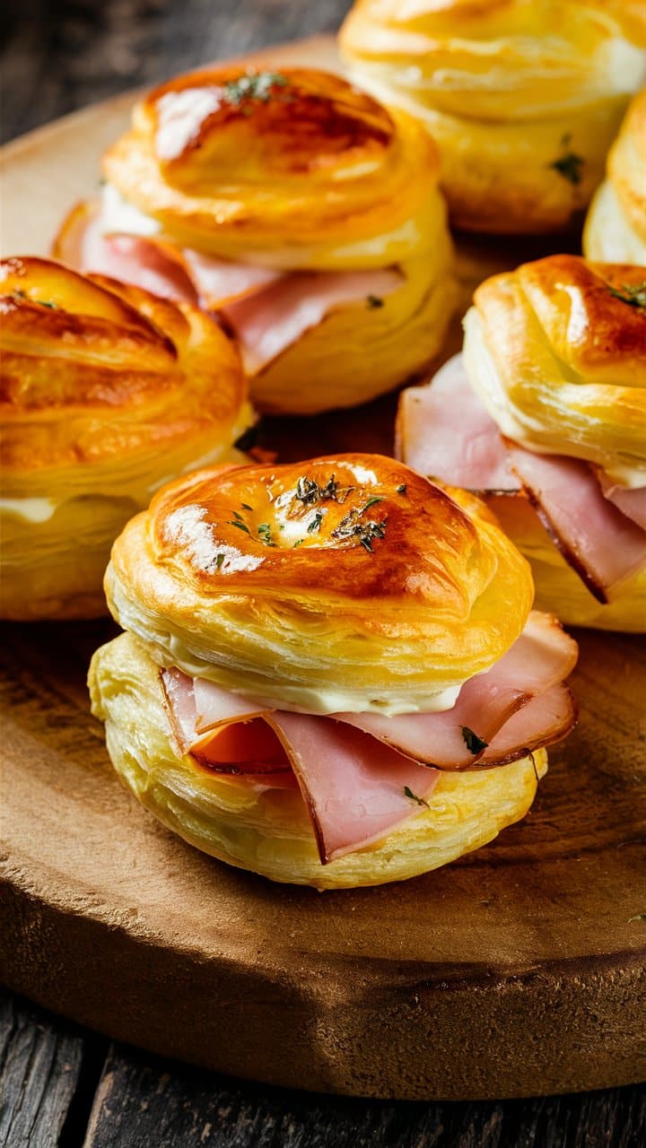 Feuilletés au jambon et fromage sur planche en bois.