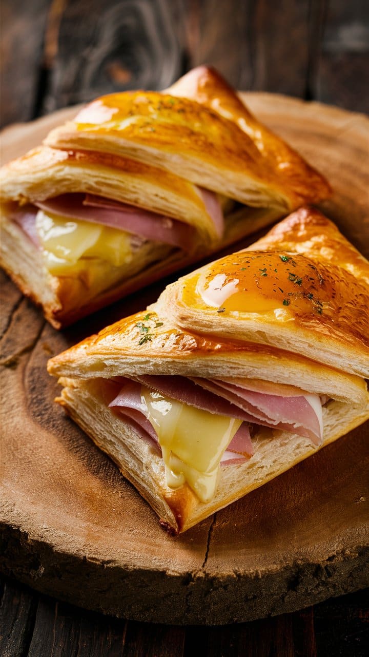 Croissants jambon fromage sur plateau en bois.