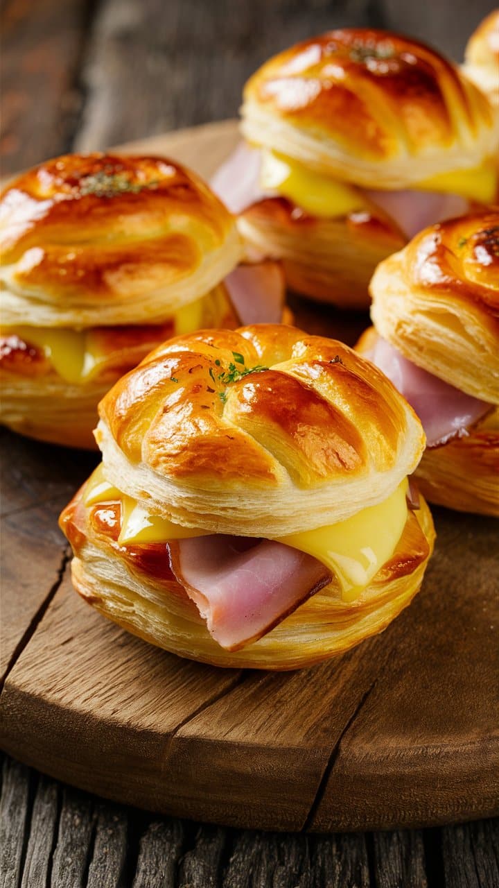 Feuilletés au jambon et fromage sur une planche.