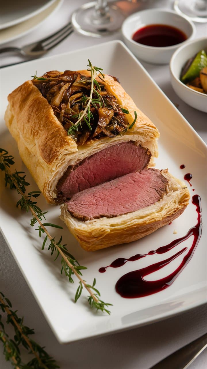Bœuf Wellington avec sauce et herbes fraîches.