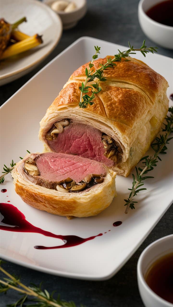 Bœuf Wellington tranché sur assiette blanche.