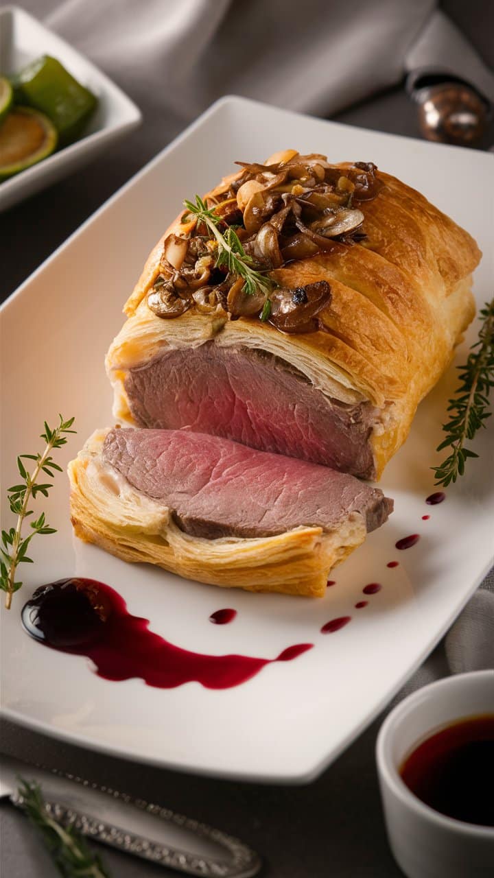 Boeuf Wellington avec champignons et sauce rouge