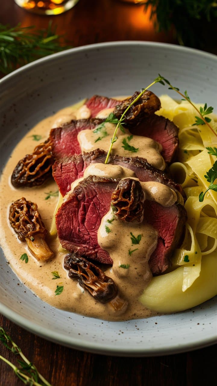 Plat de viande sauce crémeuse aux morilles.