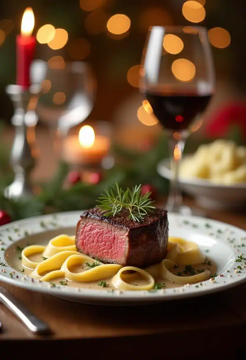 Plat de viande avec pâtes et vin rouge.