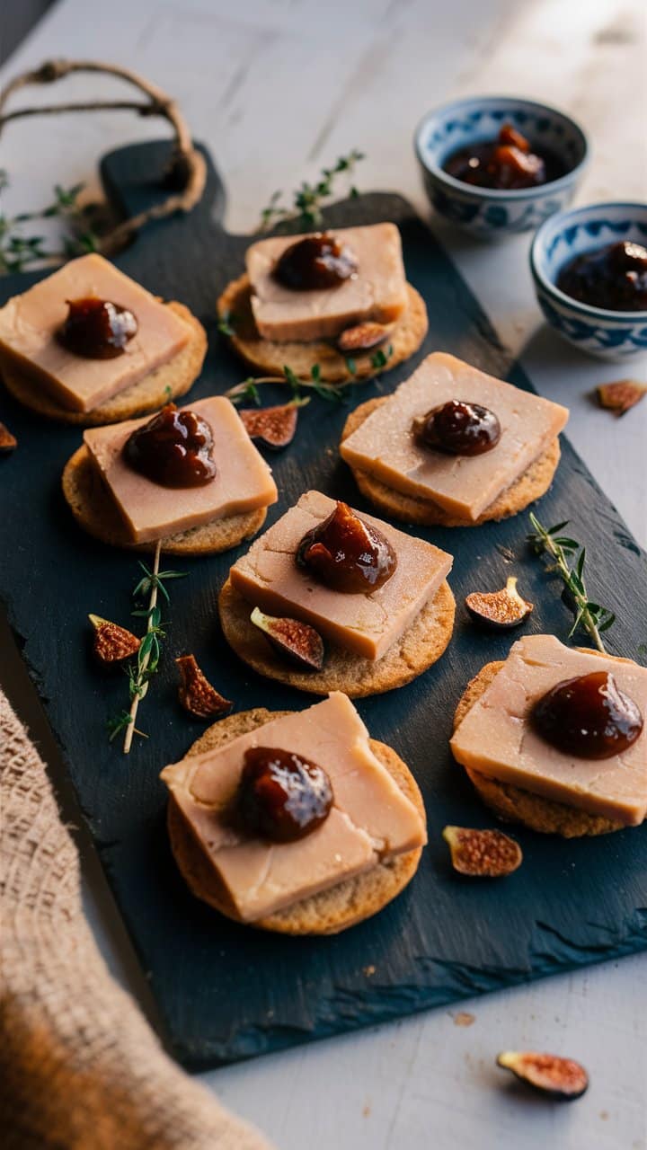 Canapés au foie gras et figues sur ardoise.