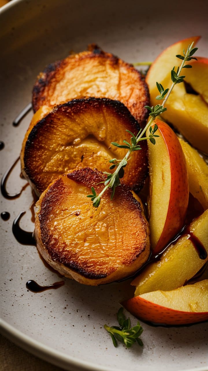 Scalopes de seitan avec pommes et herbes fraîches.