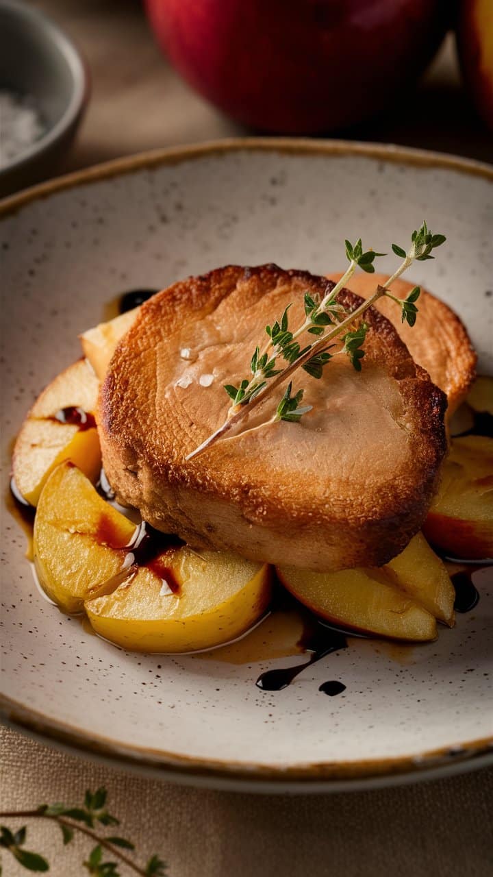 Foie gras sur pommes avec filet balsamique.