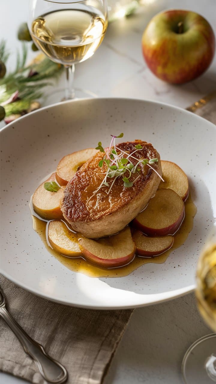 Plat de viande et pommes au vin blanc.