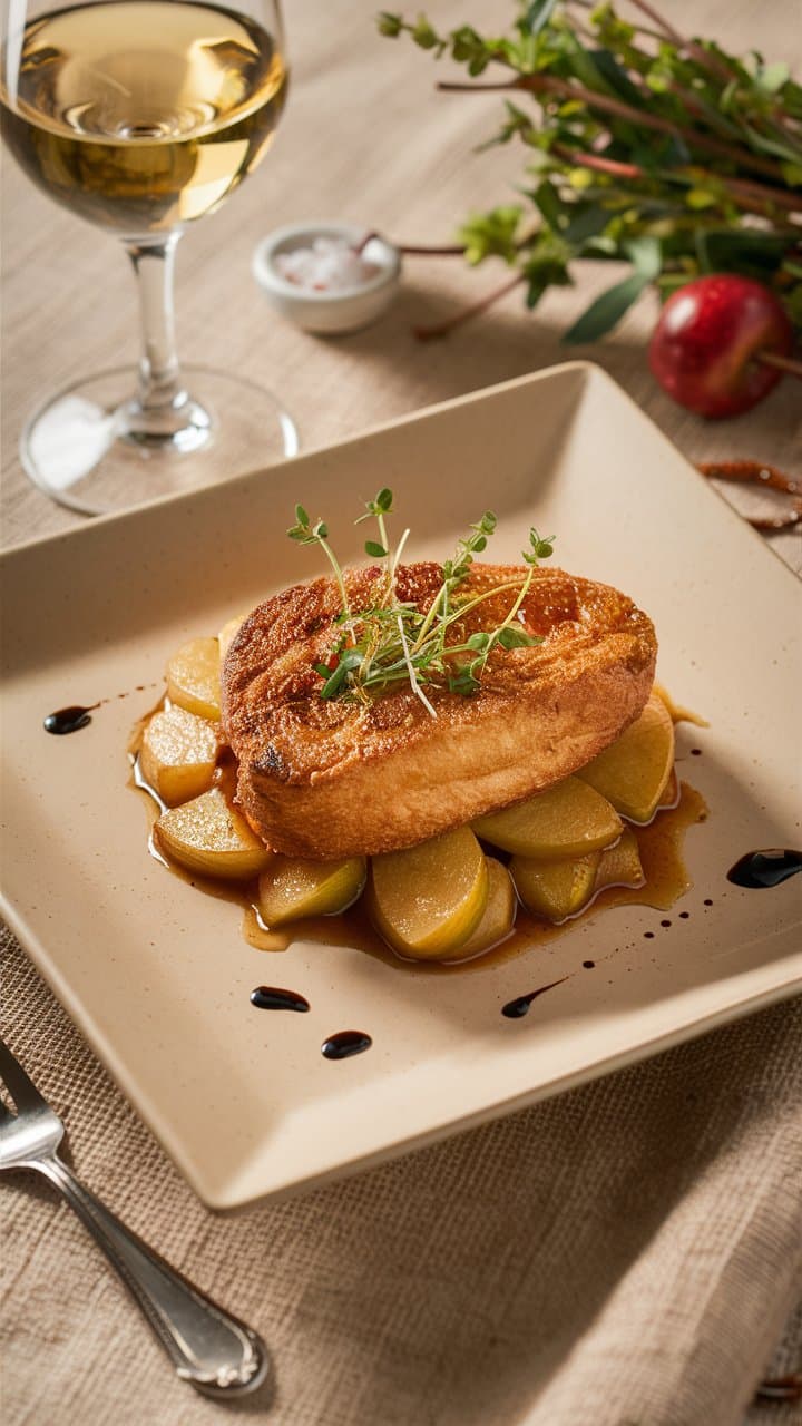 Plat avec canard et pommes de terre, verre vin blanc.