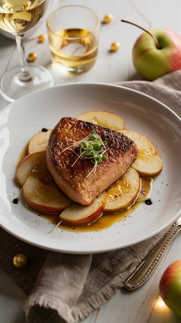 Foie gras sur pommes, sauce balsamique.