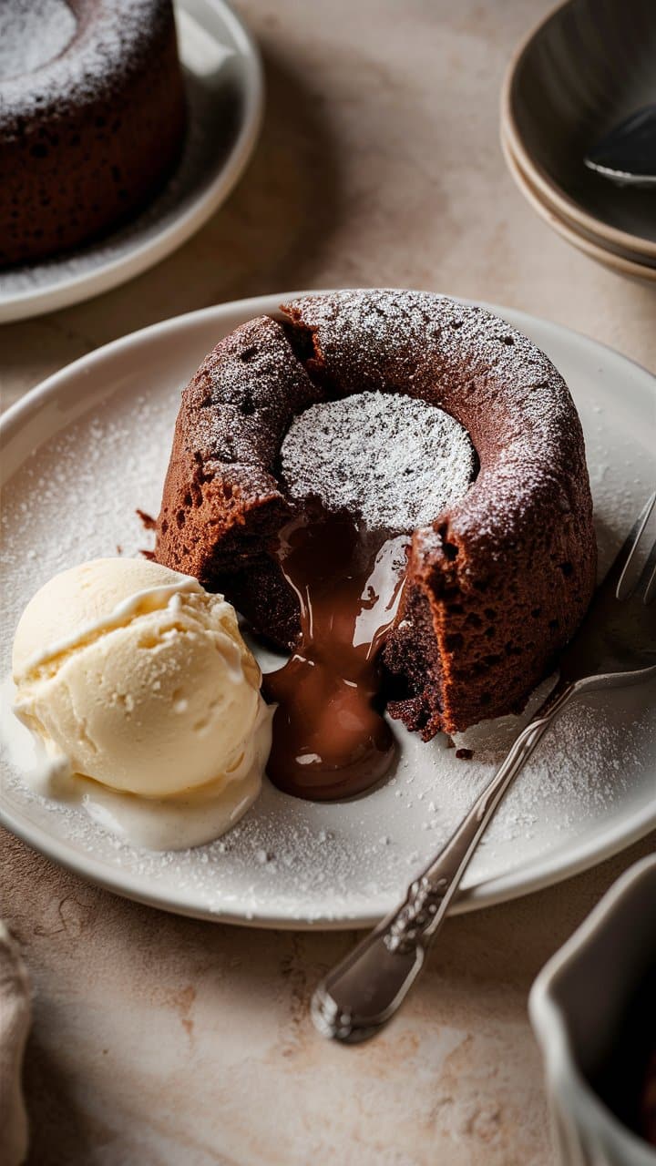 Fondant chocolat et boule vanille sur une assiette.