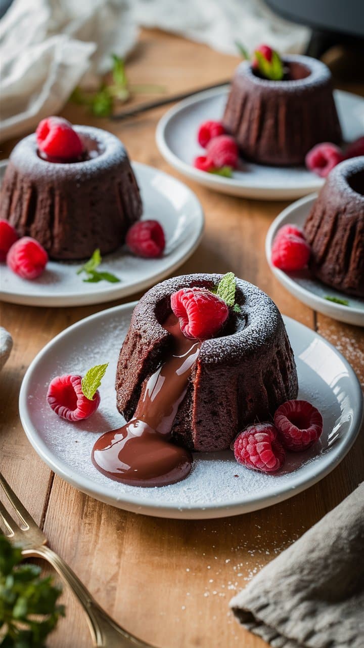 Moelleux au chocolat avec coulis et framboises fraîches.