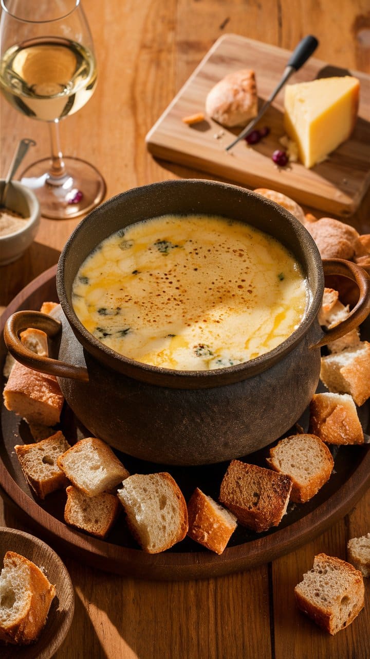 Fondue au fromage avec pain et vin blanc.