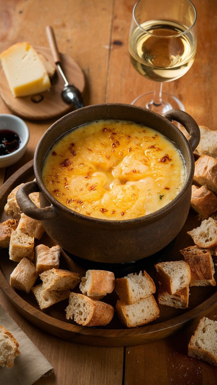 Fondue au fromage avec pain et vin blanc.