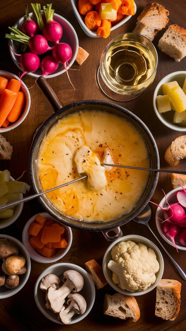 Fondue au fromage avec légumes et pain.