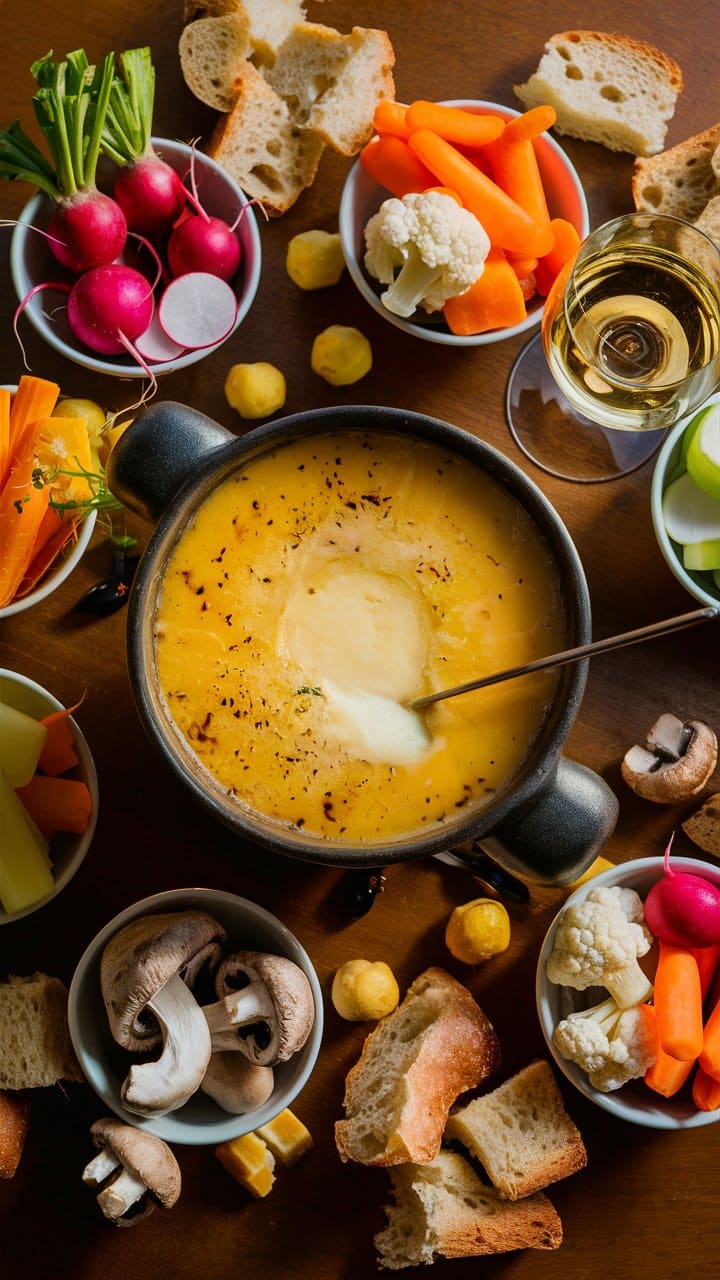Fondue avec légumes, pain et vin.