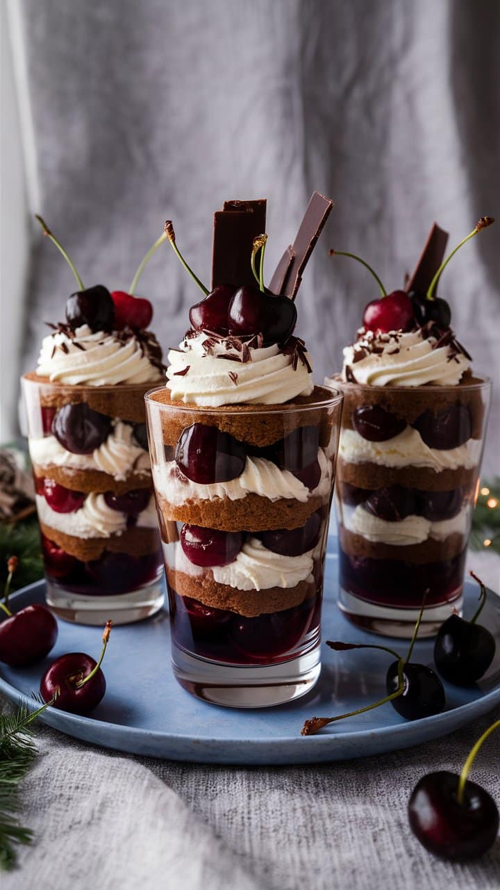Verrines de cerises et chocolat avec chantilly.