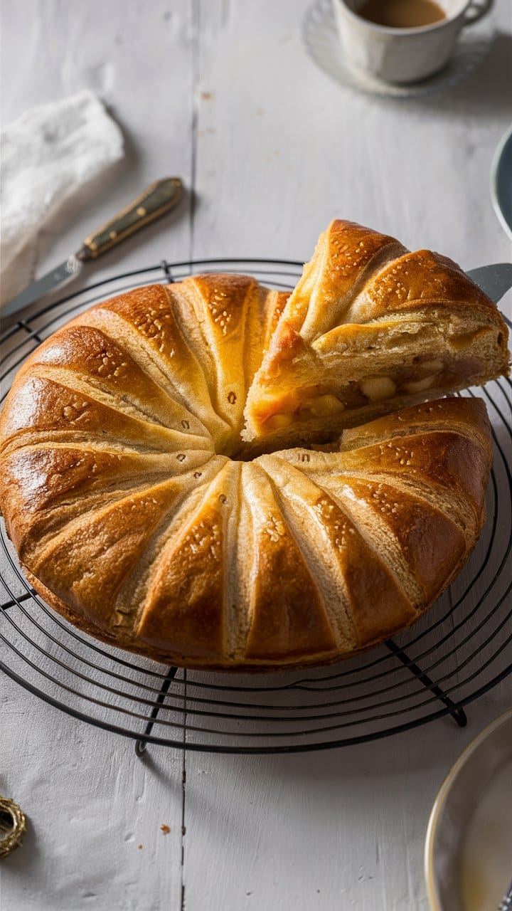Gâteau aux pommes doré avec part découpée.