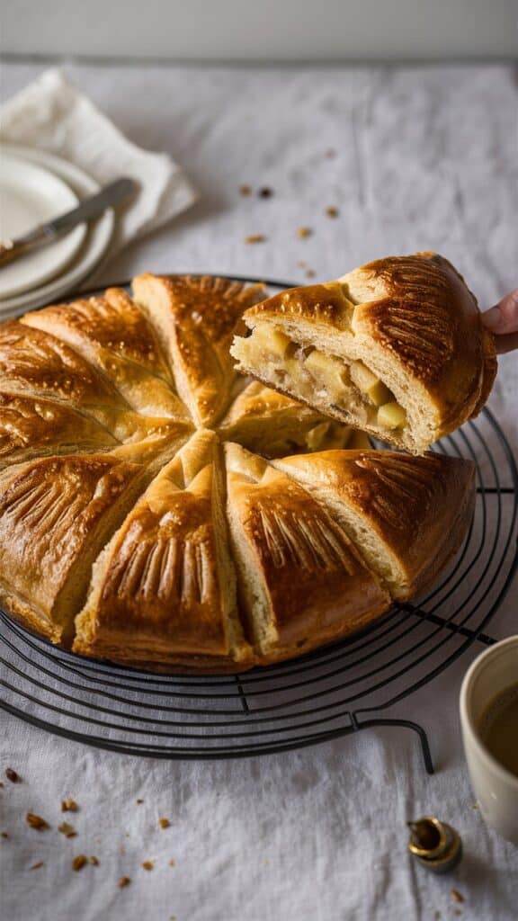 Galette aux pommes coupée sur grille.