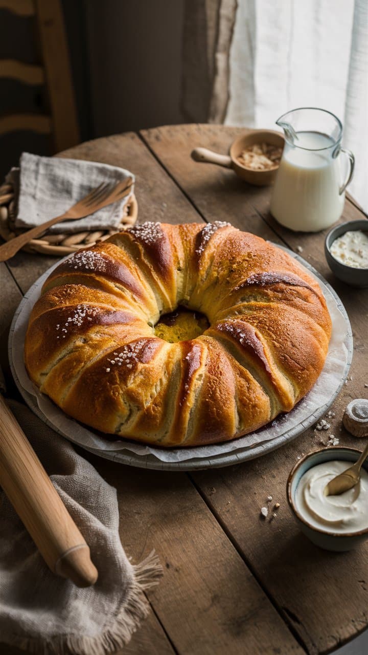 Brioche couronne sur table en bois rustique