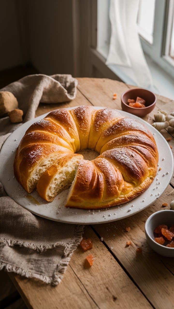 Couronne de brioche sur une table en bois.
