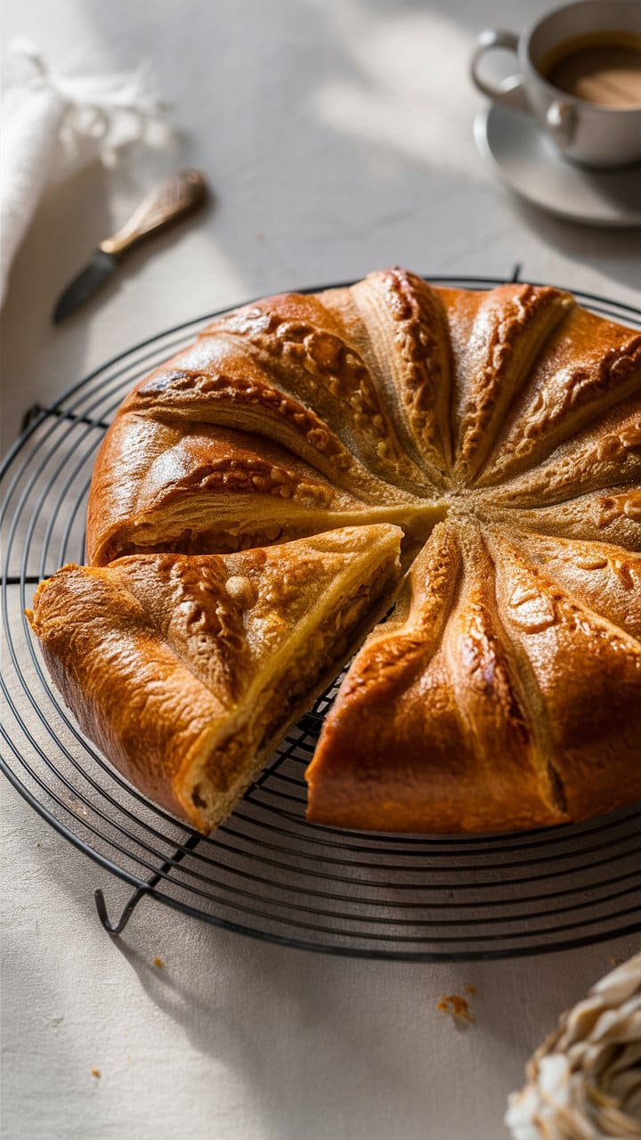 Galette des rois avec une part retirée.