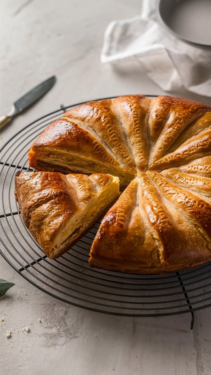 Galette des rois sur grille avec tranche découpée.