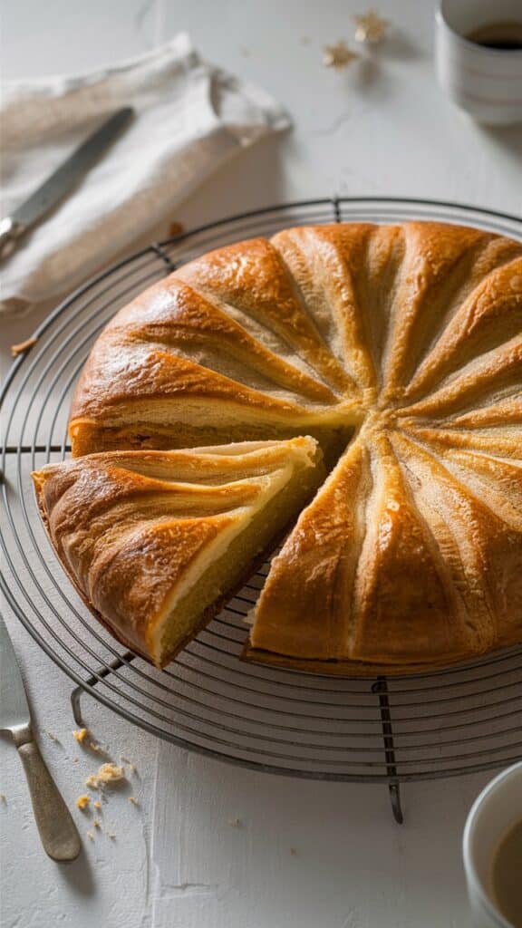 Galette des rois sur grille avec part découpée.