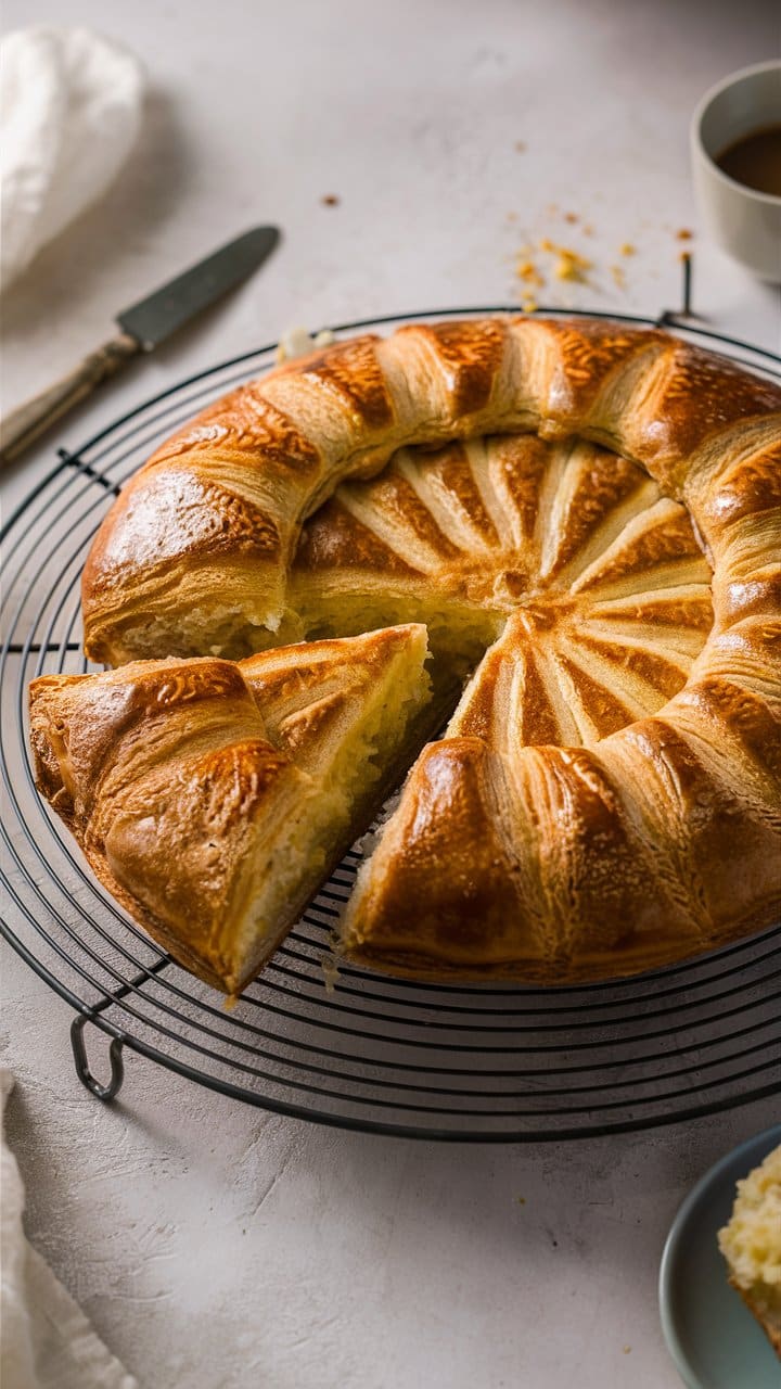 Galette dorée sur grille avec part manquante.