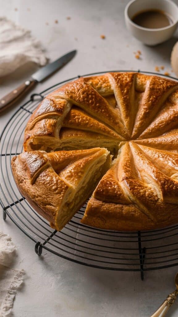 Galette des rois noisettes sur grille avec café.