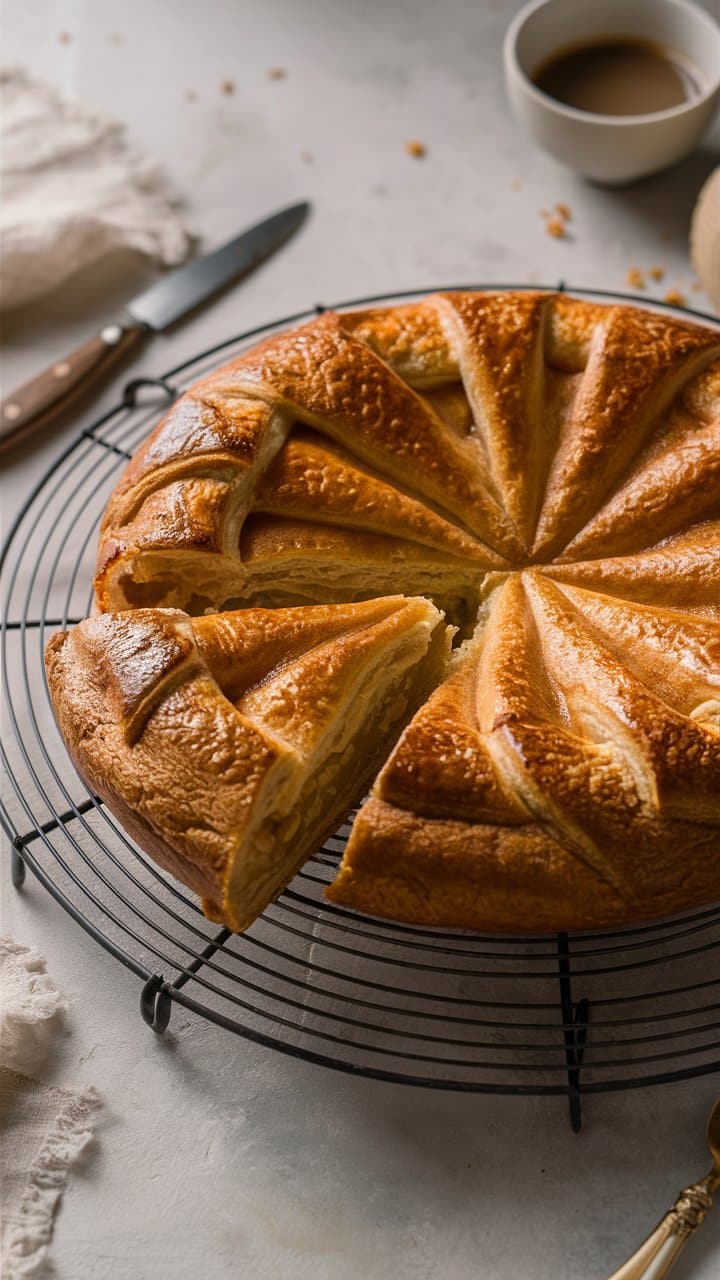 Galette des rois noisettes sur grille avec café.