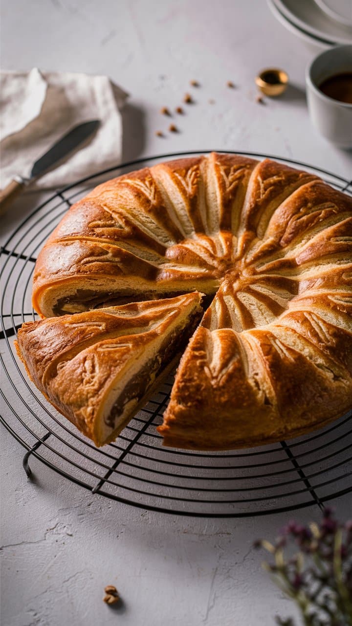 Galette des rois chocolat noisette tranché sur grille de refroidissement.
