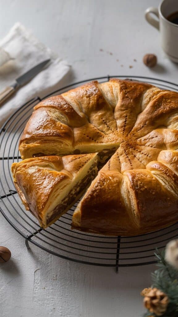 Galette des rois noisettes chocolat sur une grille.
