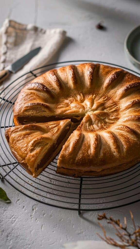 Gâteau doré sur grille, part coupée.