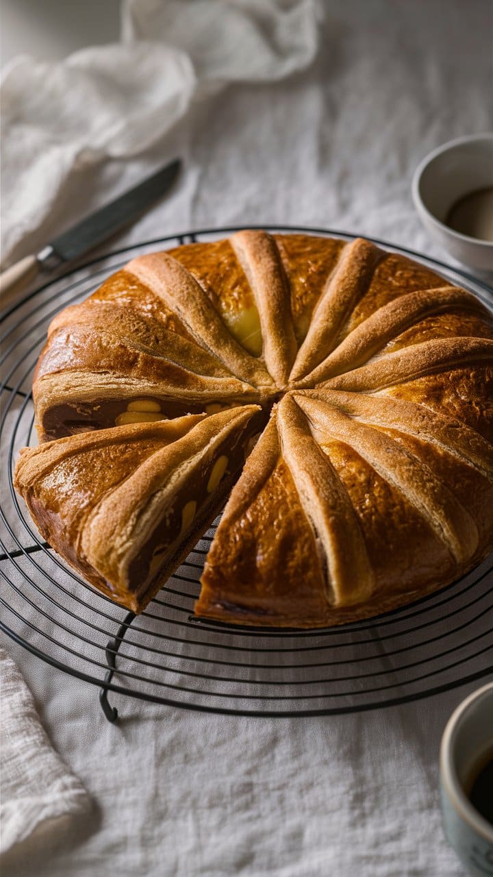 Gâteau feuilleté rond avec tranche coupée.