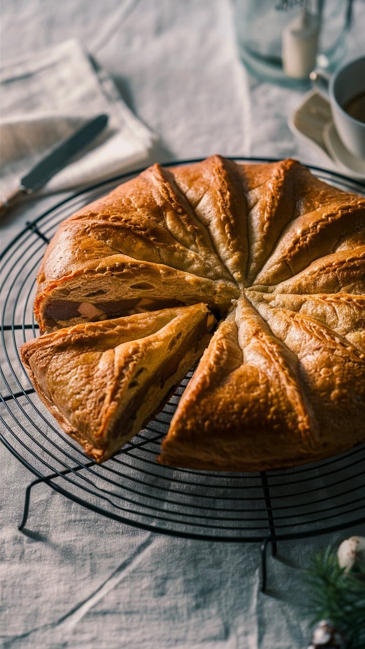 Galette des rois sur grille avec tranches.