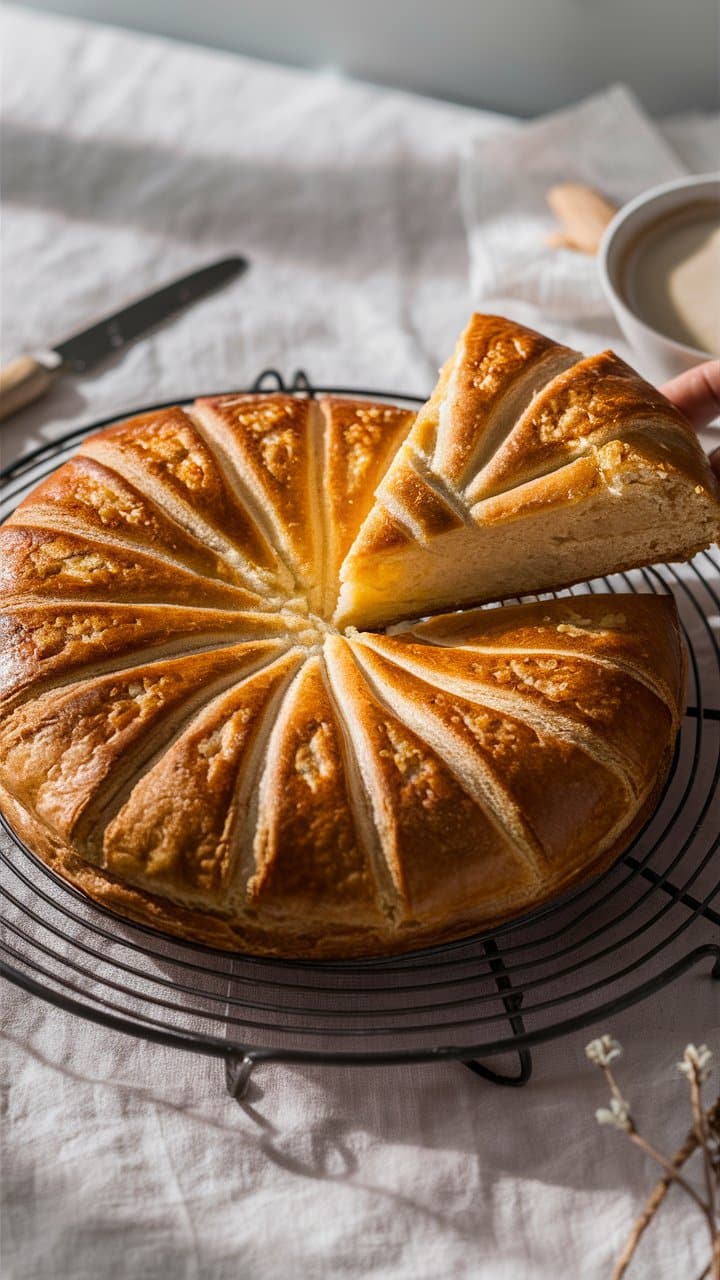 Galette des rois vegan coupé en parts sur grille métallique.