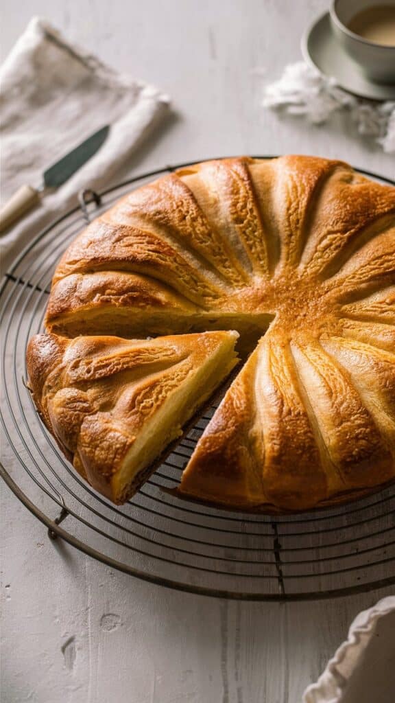 Galette des Rois tranchée sur une grille.