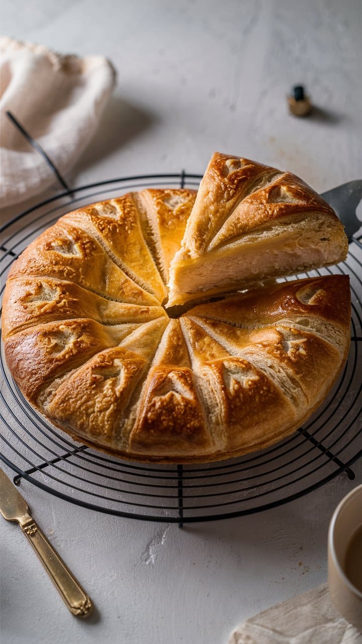Gâteau doré sur grille avec tranches découpées.
