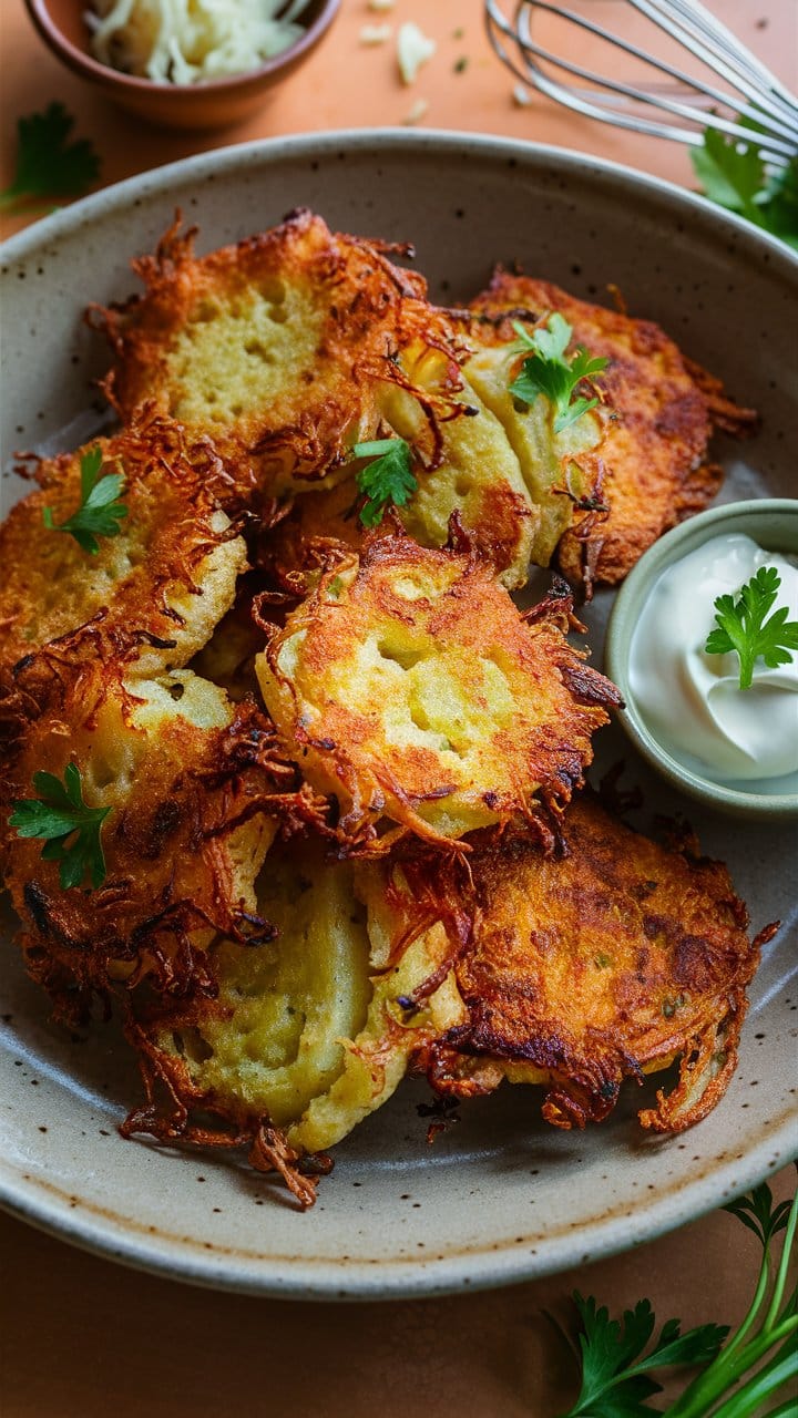 Galettes de pommes de terre avec sauce crémeuse.