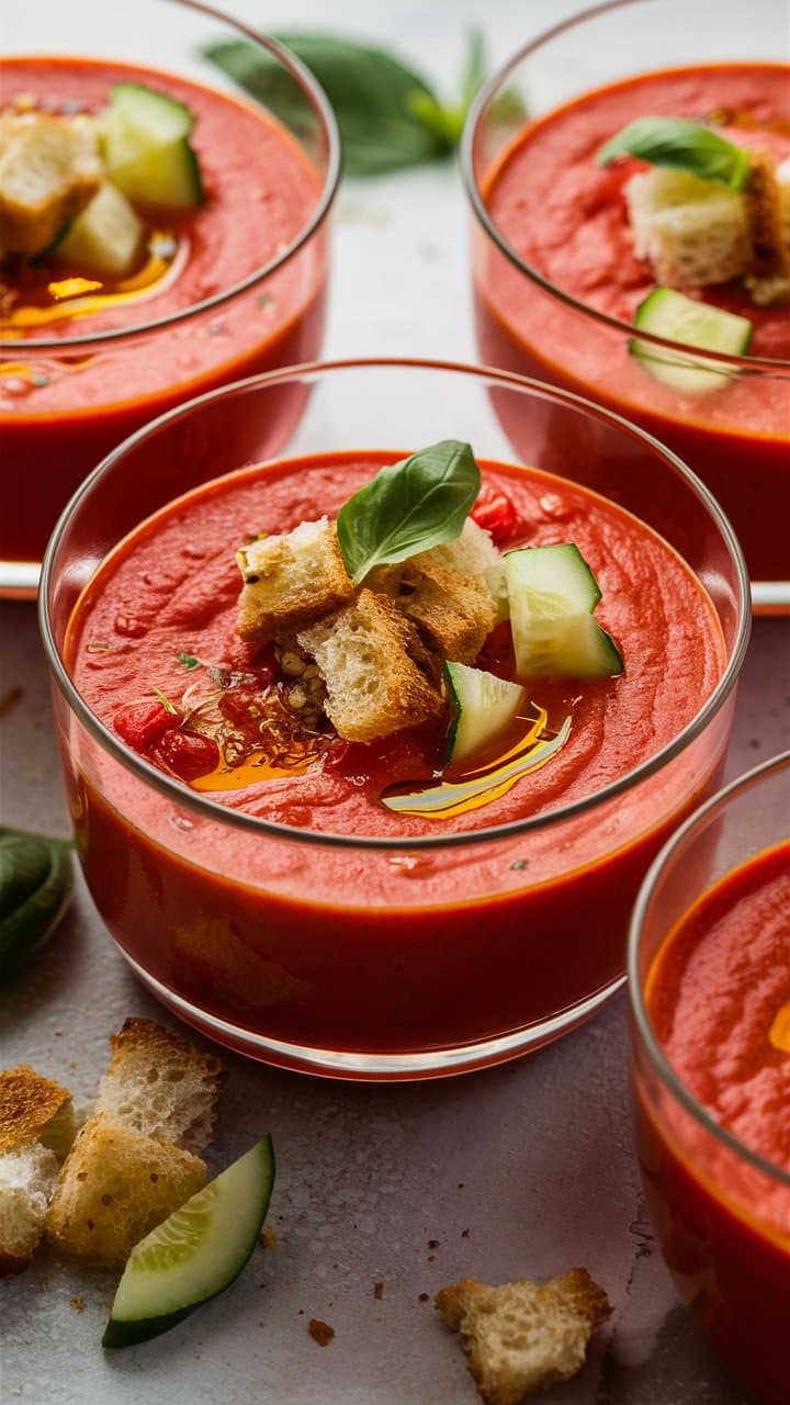 Gazpacho garni de croûtons et concombres.