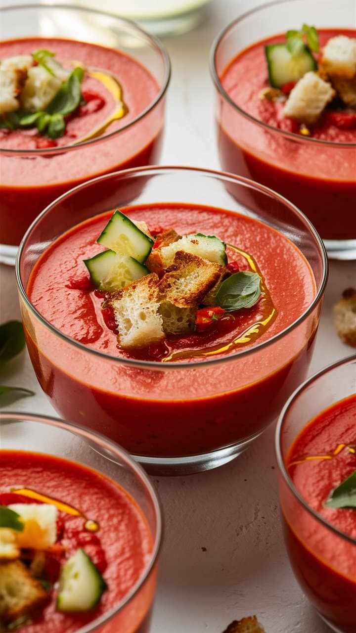 Gaspacho rouge garni de croûtons et concombre