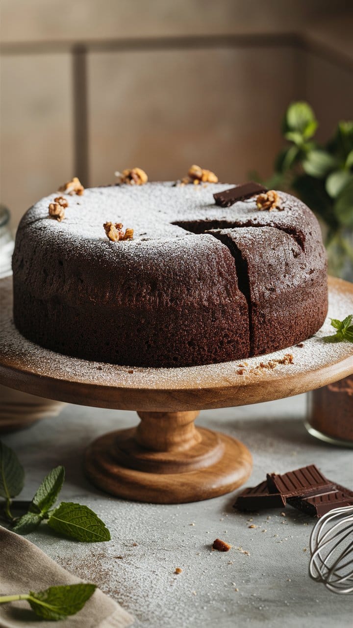 Gâteau au chocolat saupoudré de sucre glace.