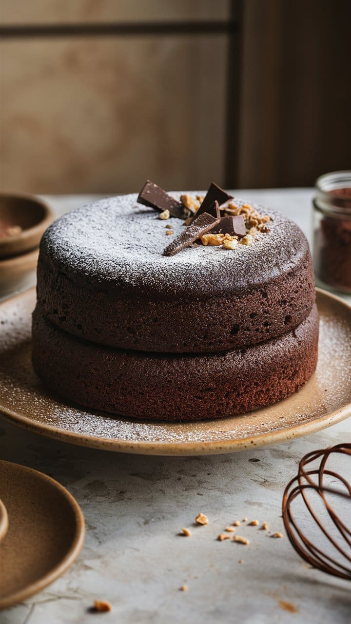 Gâteau chocolat poudré de sucre glace, décoré chocolat.