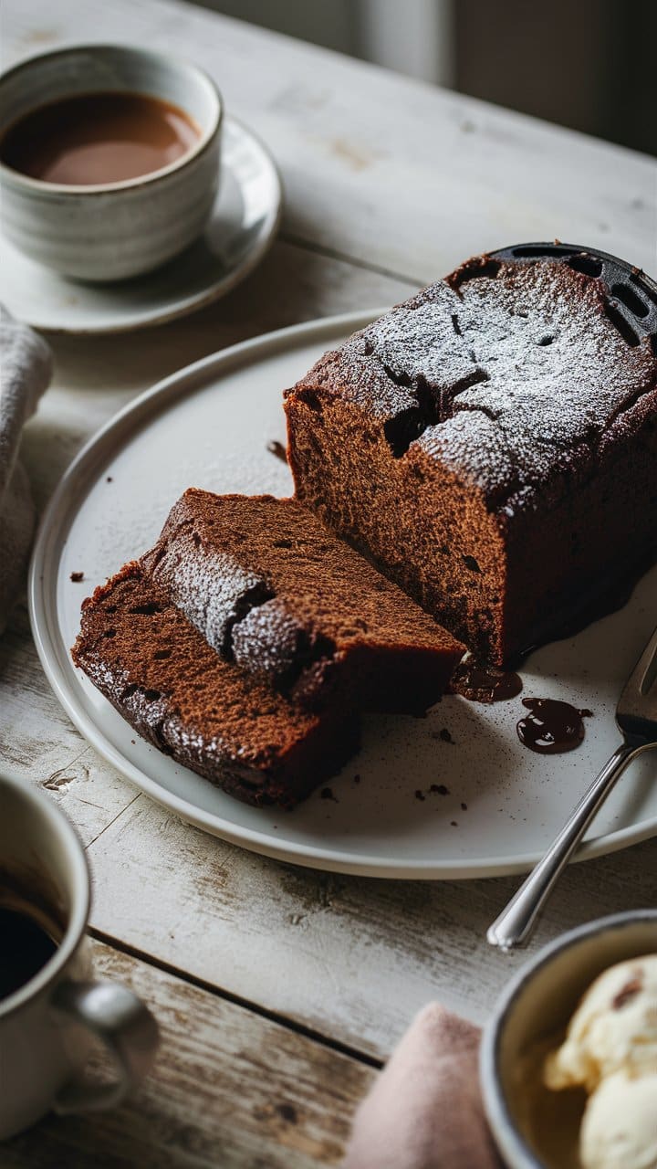 Gâteau au chocolat sur assiette avec café.